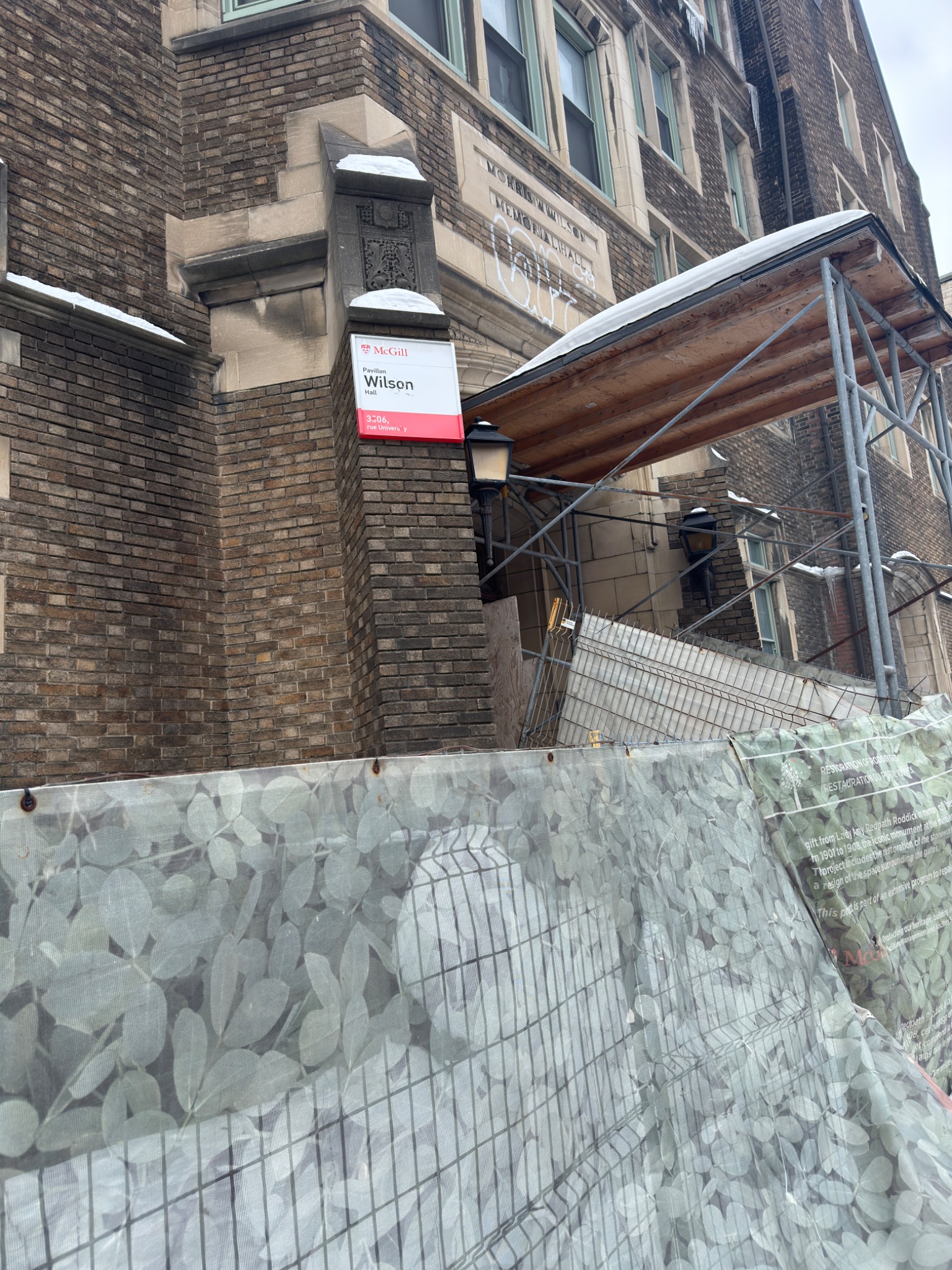 Wilson Hall entrance under scaffolding, McGill University, Montreal, Quebec. Photograph by Richard Wainwright.
